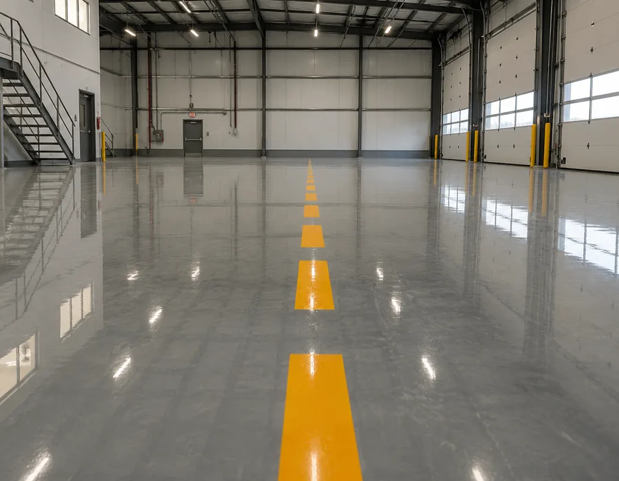 Gray commercial warehouse epoxy floor with yellow safety lane markings