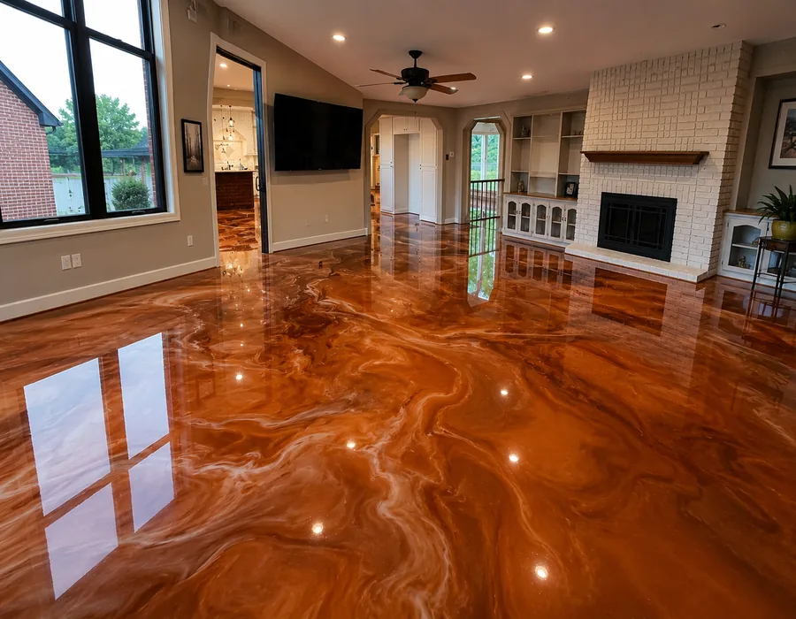 Elegant marbled epoxy floor with rich swirl patterns